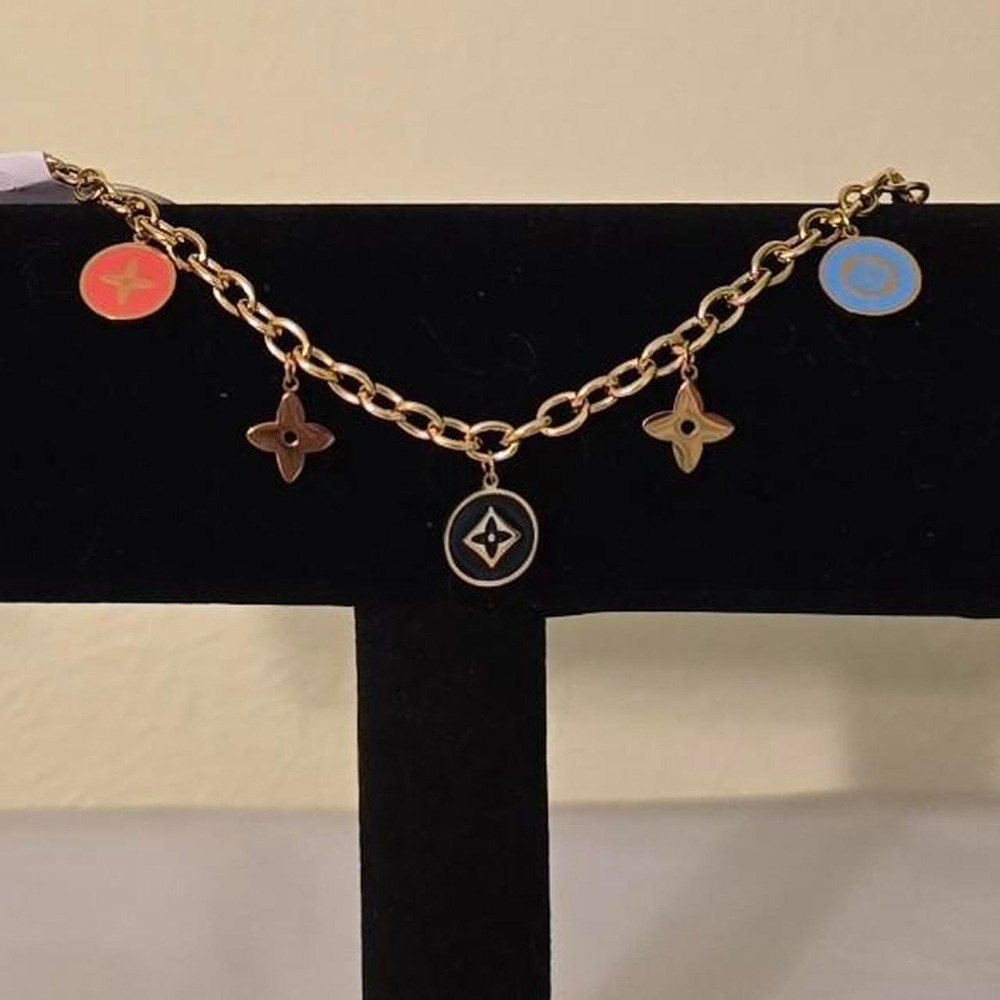 Stainless Steel Gold Overlay Fashion Inspired Charm Bracelet 6.5"-9"
